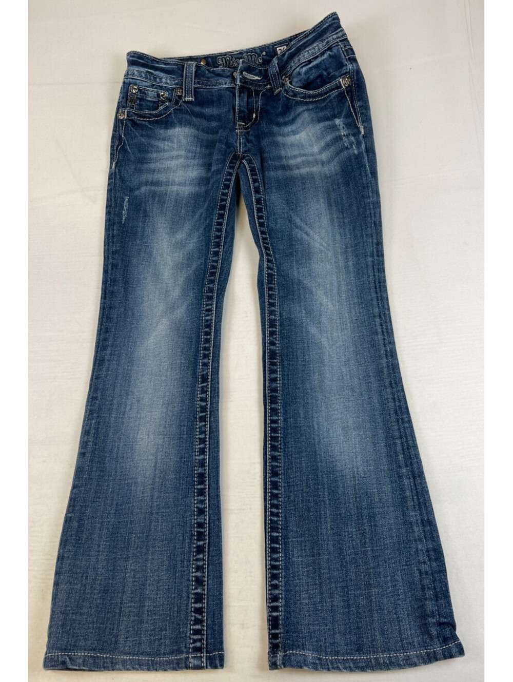 Miss Me Women's 26x34 Blue Bootcut Jeans Rhinestone Flap Pockets Embroidered